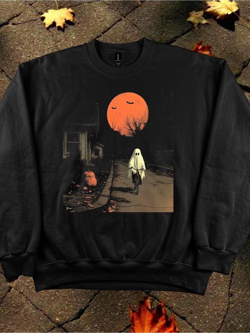 Gildan Black Sweatshirt with Orange Moon & Ghost Biker Graphic